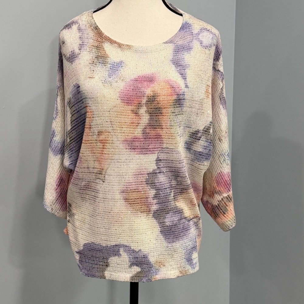 Sioni Anthropologie XL Watercolor Knit Sweater Pastel Abstract Floral Dolman Slv